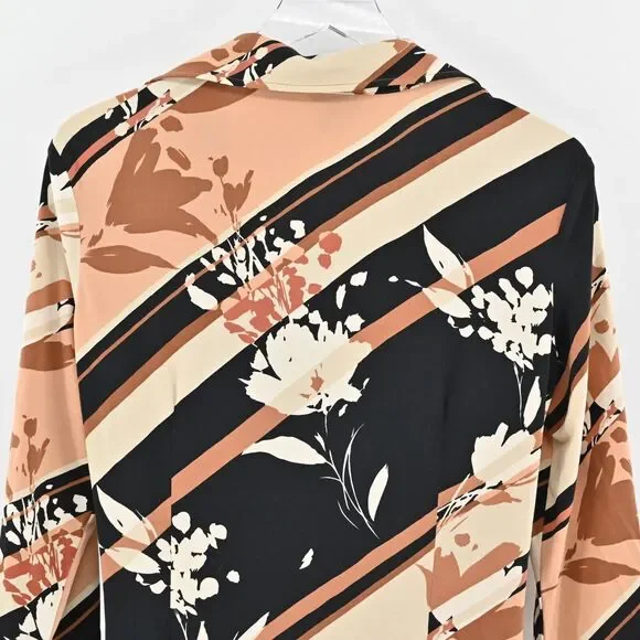 BCBGMAXAZRIA Dress Sz L Brown Stripe Floral Collared Faux Wrap Long Sleeve Midi - Picture 6 of 12